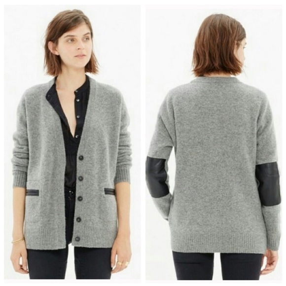 Madewell lambs wool w/ 100% leather trim pockets & elbow patches Size XS cardi - Picture 3 of 16